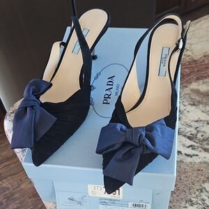 Prada Women's Black and Blue Bow Slingback Heels